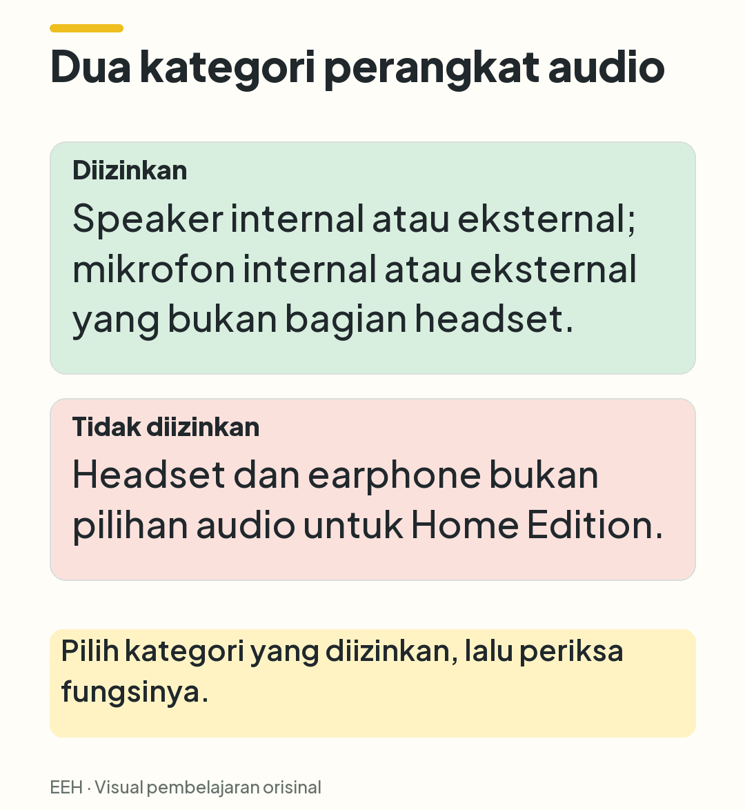 Perbandingan speaker dan mikrofon yang diizinkan dengan headset serta earphone yang dilarang untuk Home Edition.